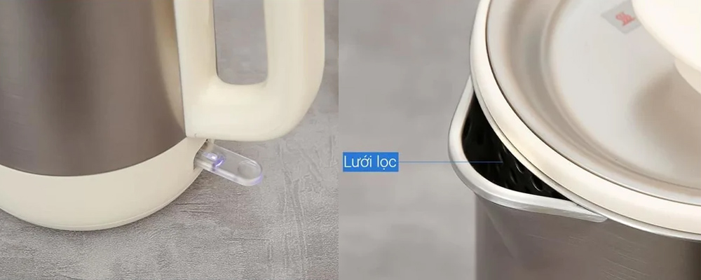 Lưới lọc bã trà, đèn báo hoạt động tiện lợi khi đun nước