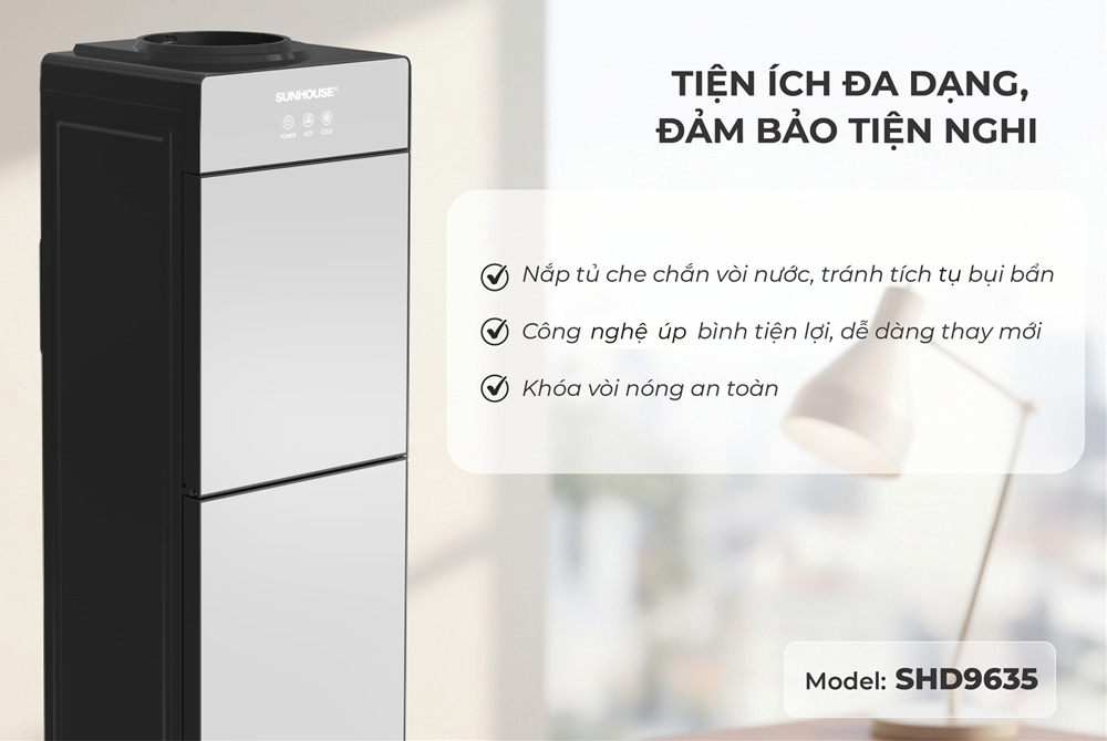 Cây Nước Nóng Lạnh Sunhouse SHD9635 670W có khóa vòi nóng an toàn