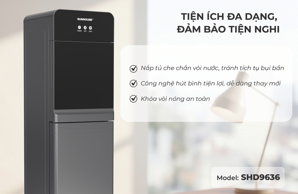 Cây Nước Nóng Lạnh Sunhouse SHD9636 670W có khóa vòi nóng an toàn