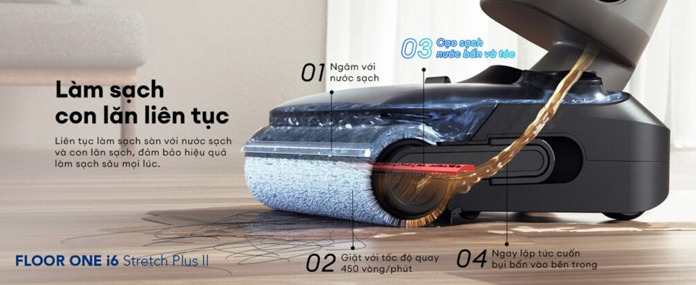 Tineco Floor One i6 Stretch Plus II làm sạch con lăn liên tục