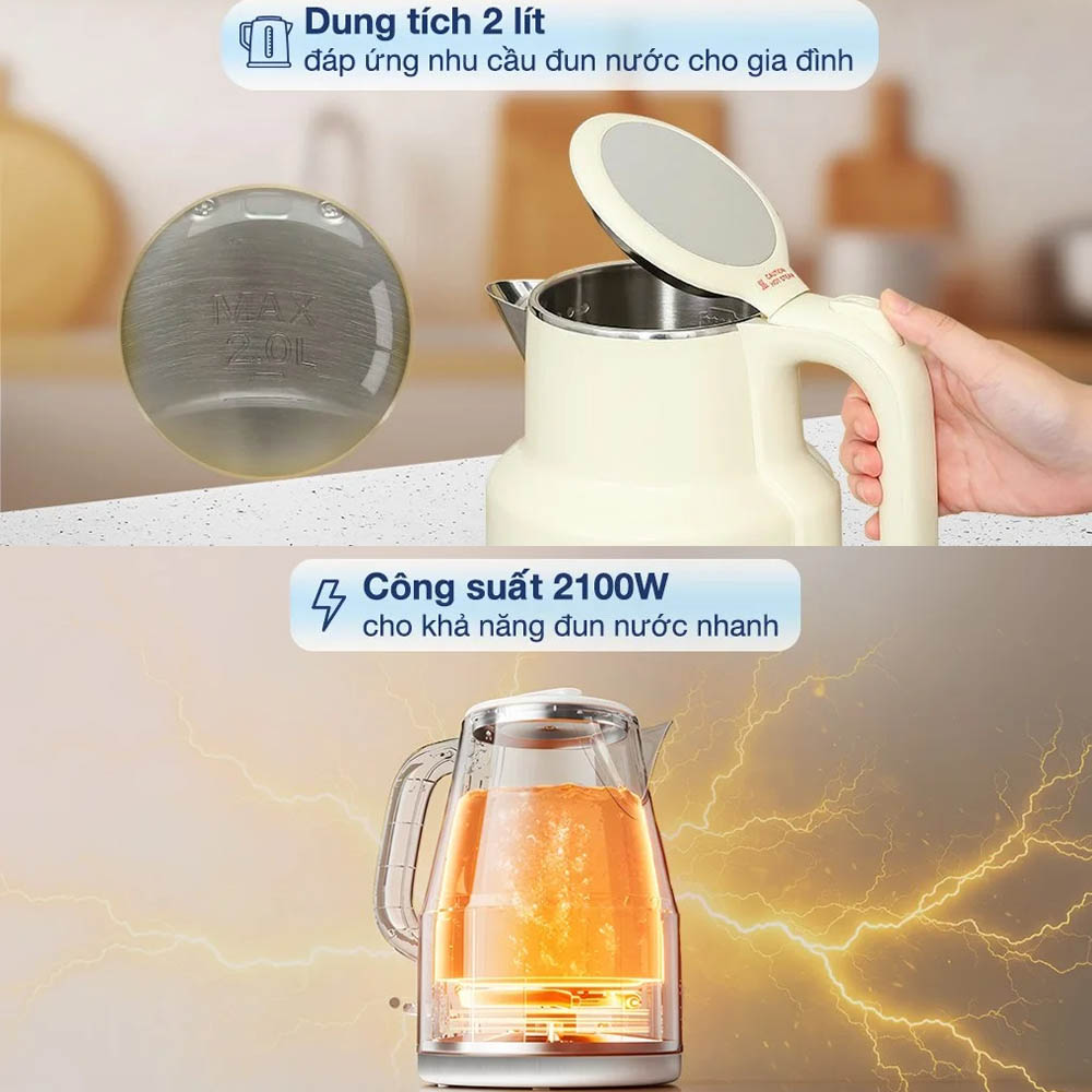 Bình Đun Siêu Tốc Bear KE-5H20B16 có dung tích 2 lít, công suất 2100W