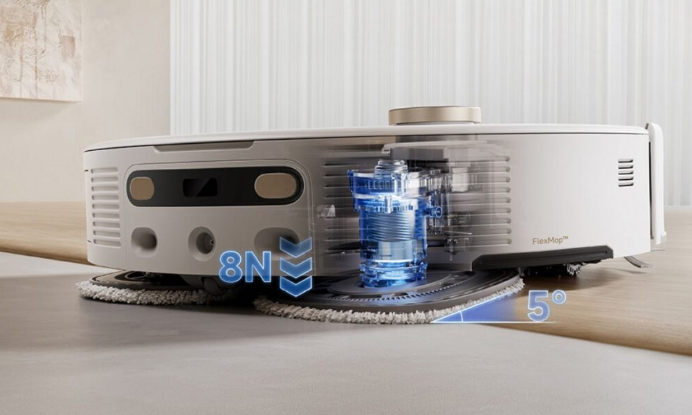Robot Hút Bụi Lau Nhà Mova V50 Ultra có giá đỡ giẻ lau có thể nhấc lên 2mm