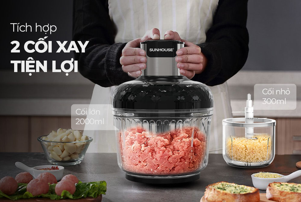 2 cối xay 2L và 0.3L giúp bạn linh hoạt xay nhuyễn nhiều loại thực phẩm