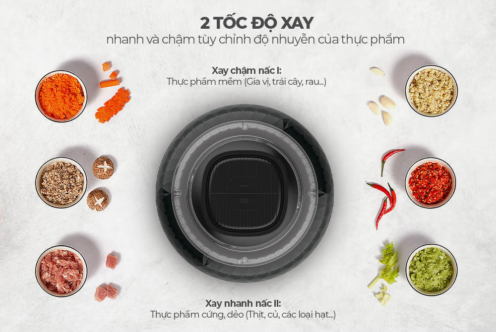 02 tốc độ khác nhau phù hợp với từng loại nguyên liệu và nhu cầu chế biến