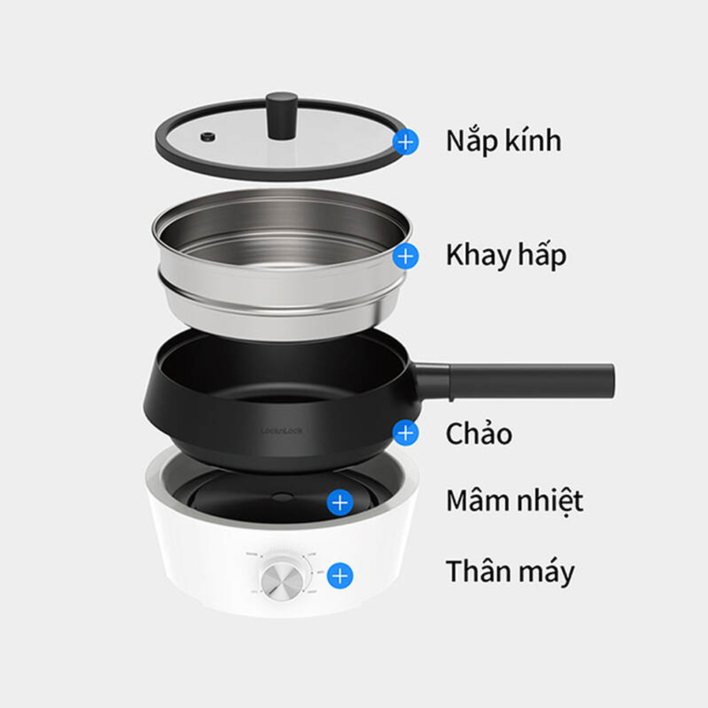 Khay nấu, xửng hấp và nắp kính có thể tháo rời dễ vệ sinh