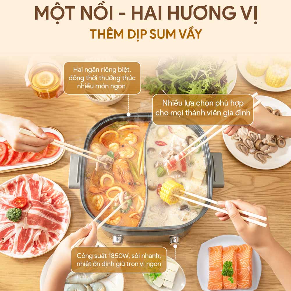 Hai ngăn riêng biệt tiện lợi, đáp ứng các vị lẩu khác nhau