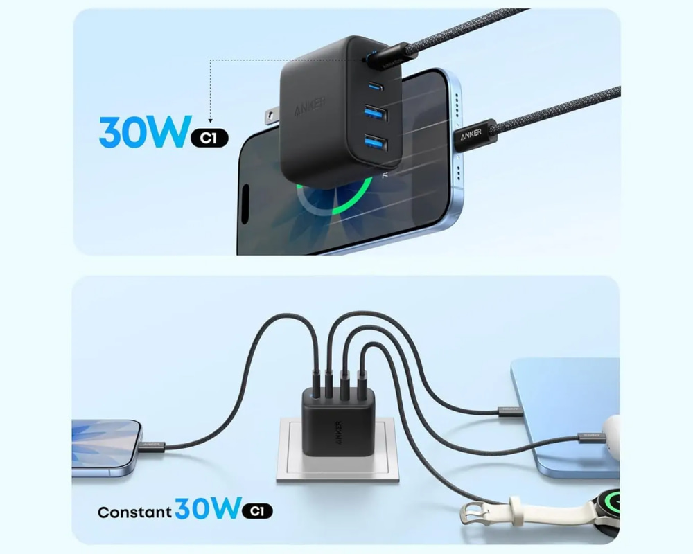 Củ Sạc Anker Zolo 2C2A 50W Đen với công suất tối đa 50W