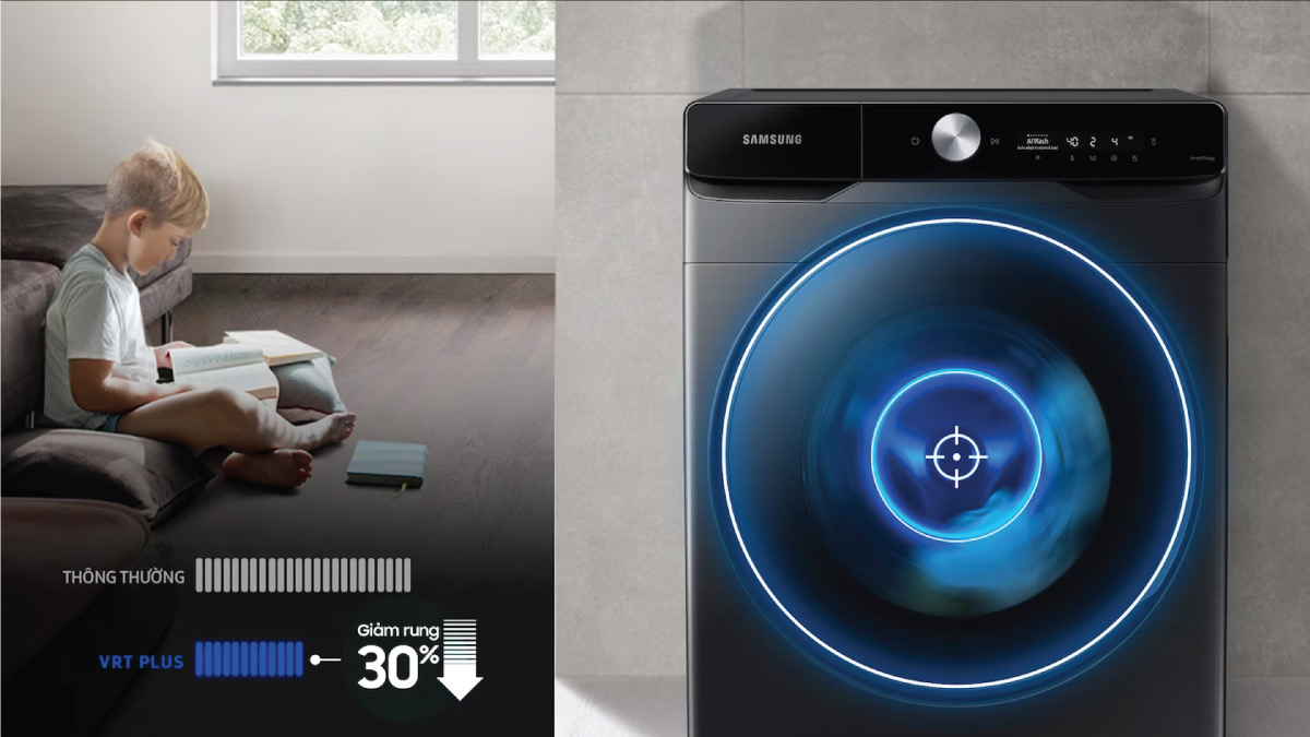 Công nghệ VRT Plus giúp máy giặt Samsung Inverter 9.5 Kg WW95TA046AX/SV vận hành êm ái hơn