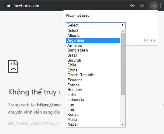 Bạn nhấn vào Facebook hoặc Messenger rồi lựa chọn quốc gia muốn đổi VPN.