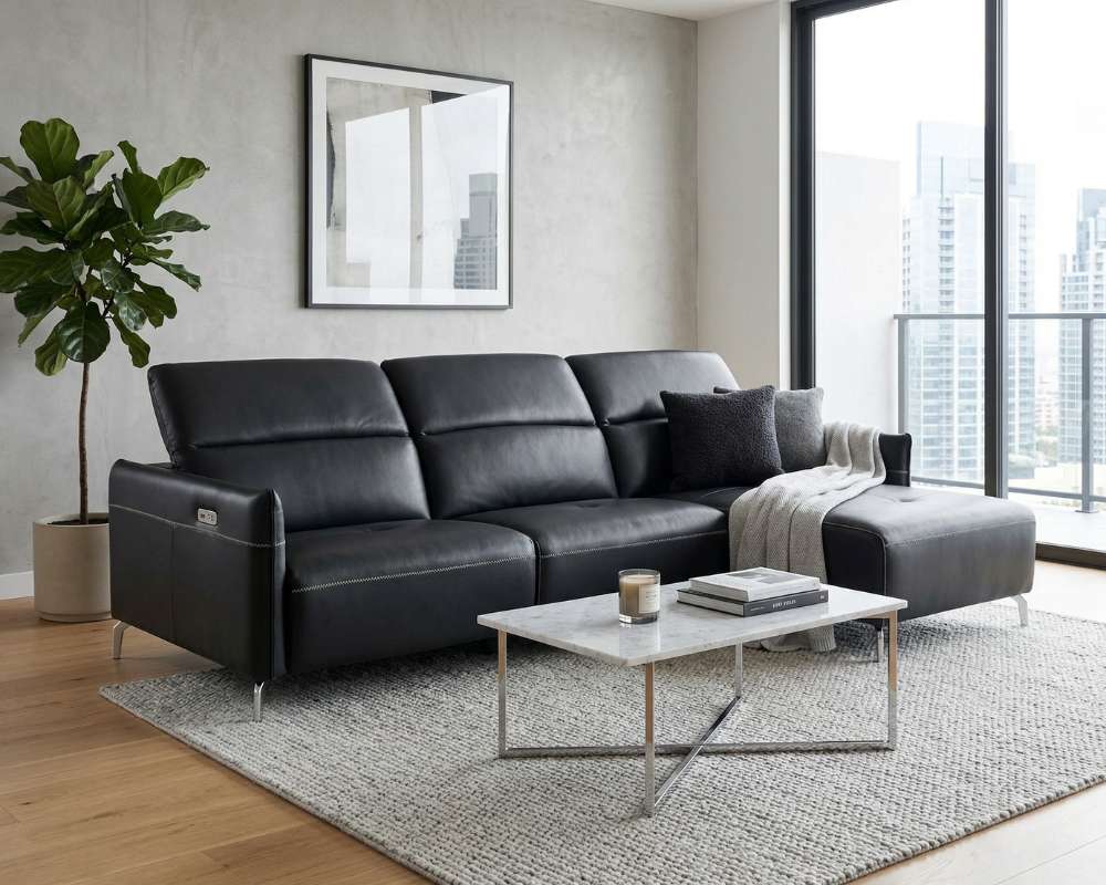 Sofa da đen phòng khách hiện đại