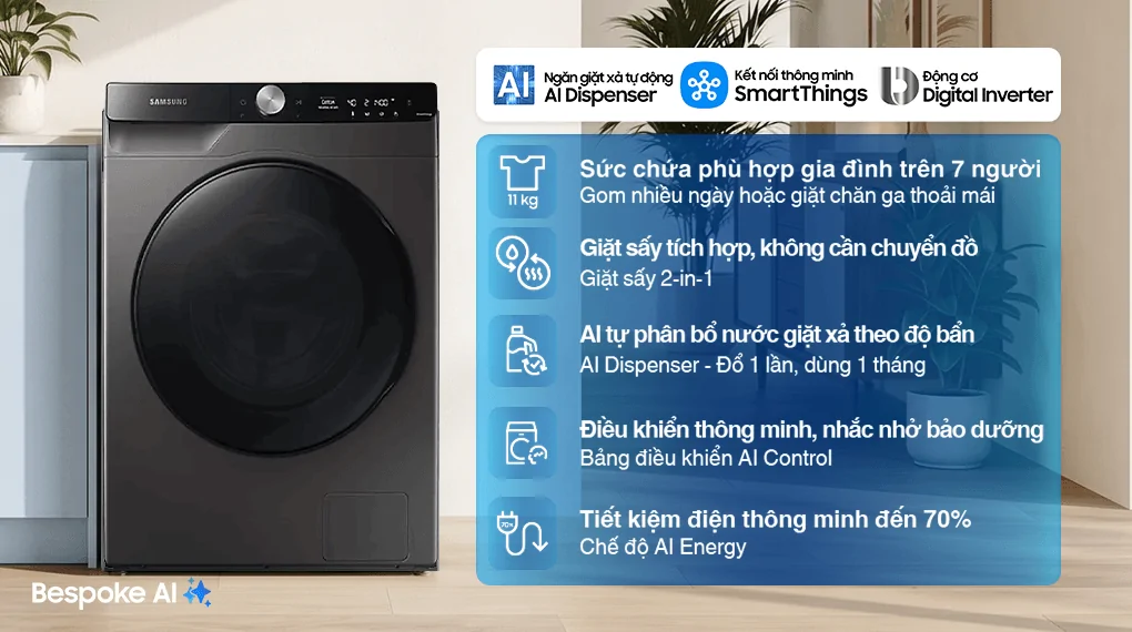 Máy Giặt Sấy Samsung Inverter AI 11/7 Kg WD11T734DBX/SV