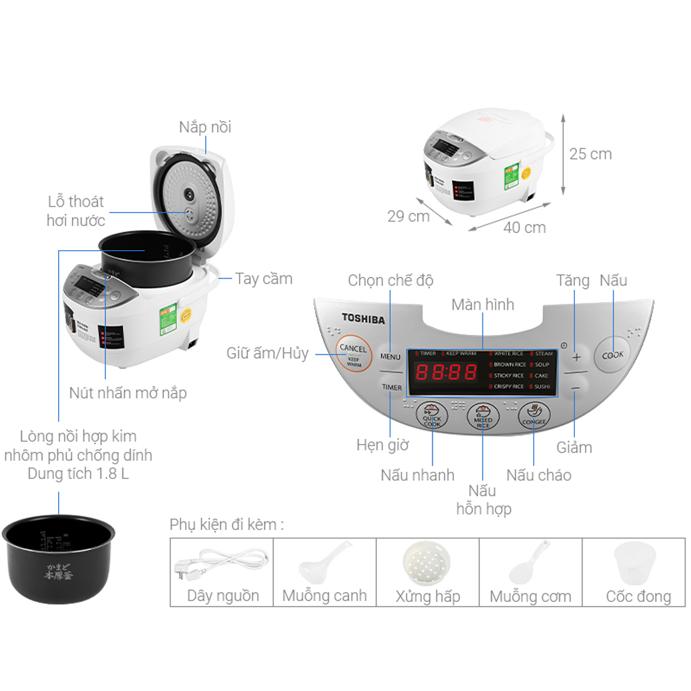 Nồi Cơm Điện Toshiba RC-18DH2PV(W) 1.8 Lít 3