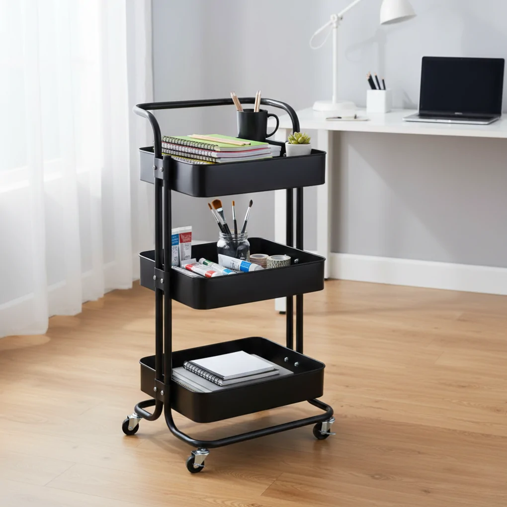 Kệ Xếp 3 Tầng Kim Loại Có Bánh Xe ECOSF3 Đen