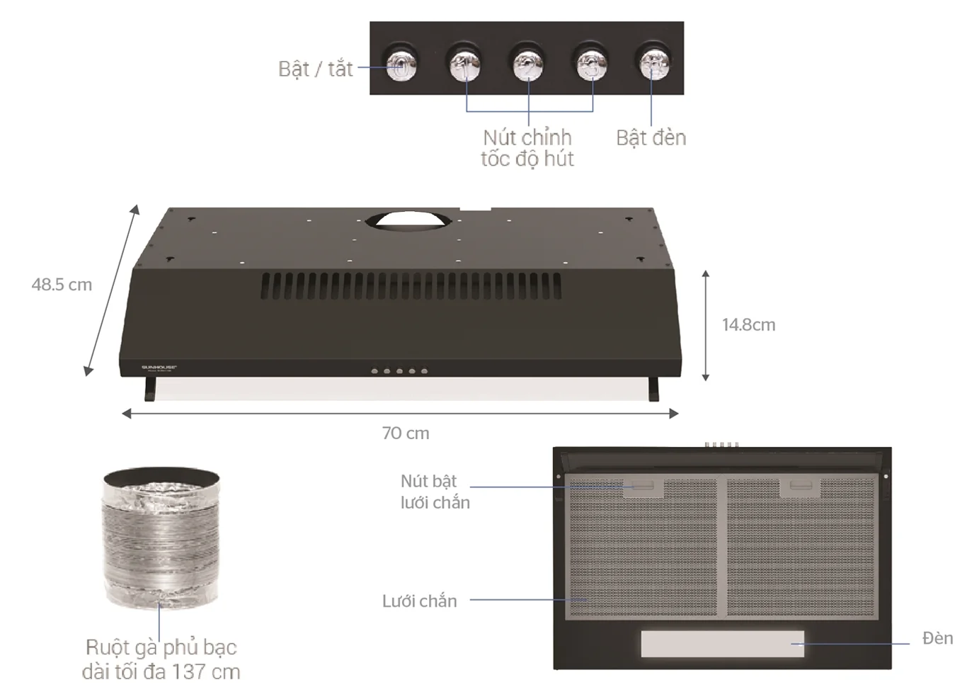 Máy hút mùi vỏ sơn Sunhouse SHB6118B 3