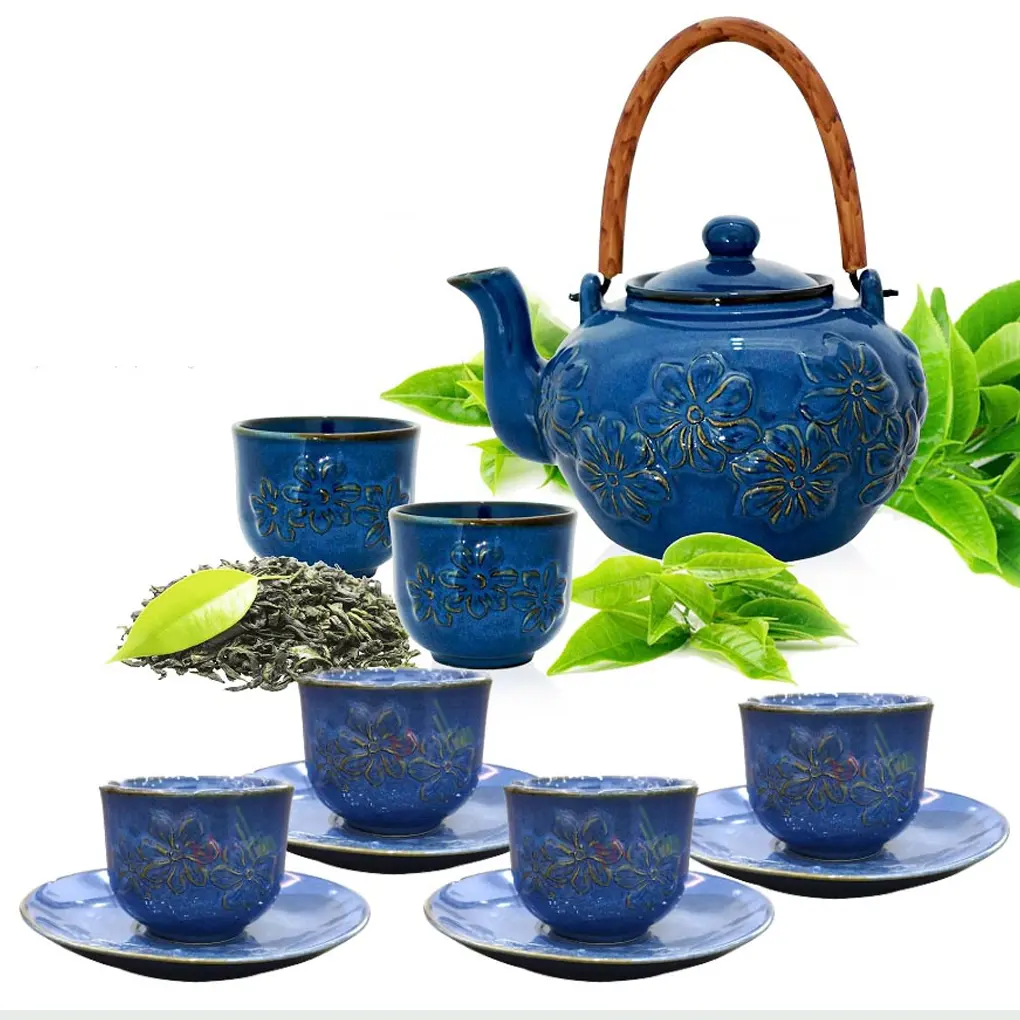 Bộ ấm trà hoa văn chạm nổi (TP003) (Sản phẩm trưng bày)