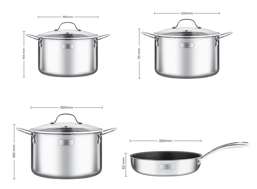 Bộ Nồi Inox 304 Cao Cấp 3 Lớp Liền Đáy Tri-Max 4 Món Size 18-20-26 - Chảo 26cm 4
