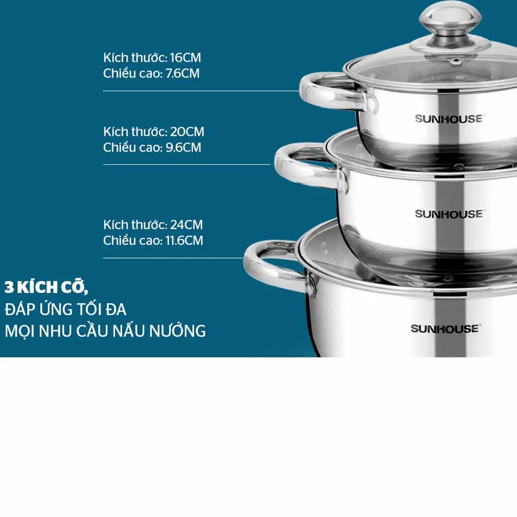 Bộ nồi inox 3 đáy Sunhouse SH334 16-20–24 cm 1