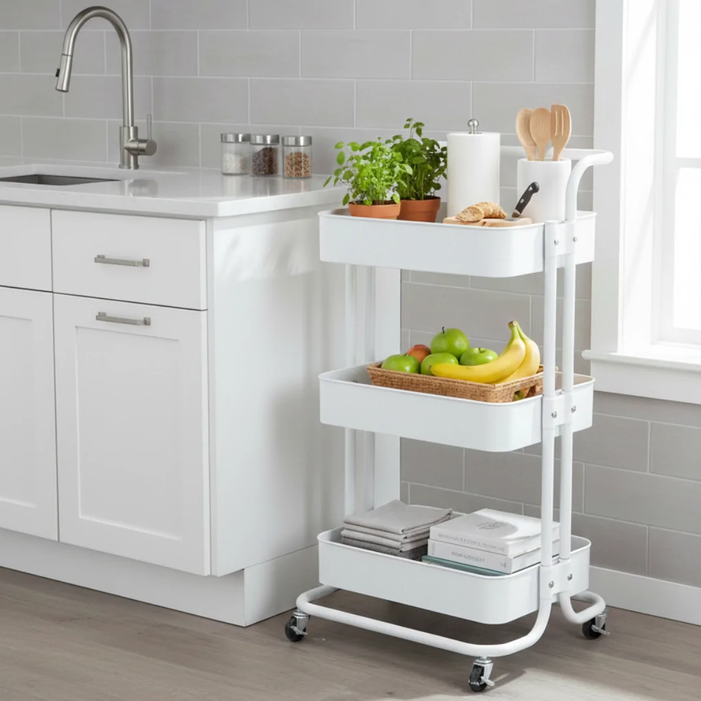 Kệ Xếp 3 Tầng Kim Loại Có Bánh Xe ECOSF3 Trắng