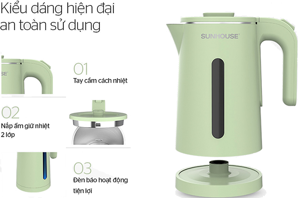 Bình đun siêu tốc inox 2 lớp 1.8 lít Sunhouse SHD1353