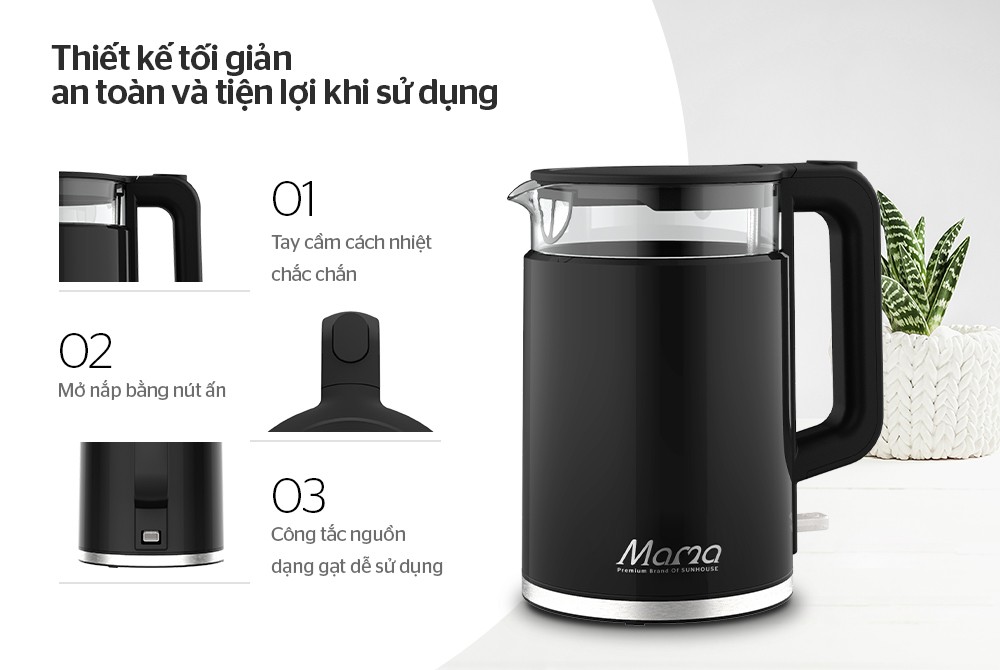 Ấm Siêu Tốc Thủy Tinh Sunhouse Mama SHD1330 1.7 Lít 3