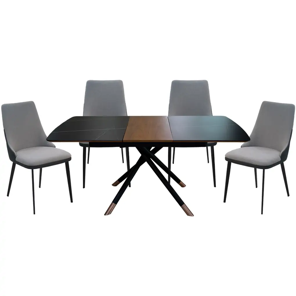 Bộ Bàn Ăn (Mở Rộng) Cẩm Thạch Grand T171039B-A 1.3M(1.7M) Đen/Gỗ + 4 Ghế Ăn Grand DC19106G