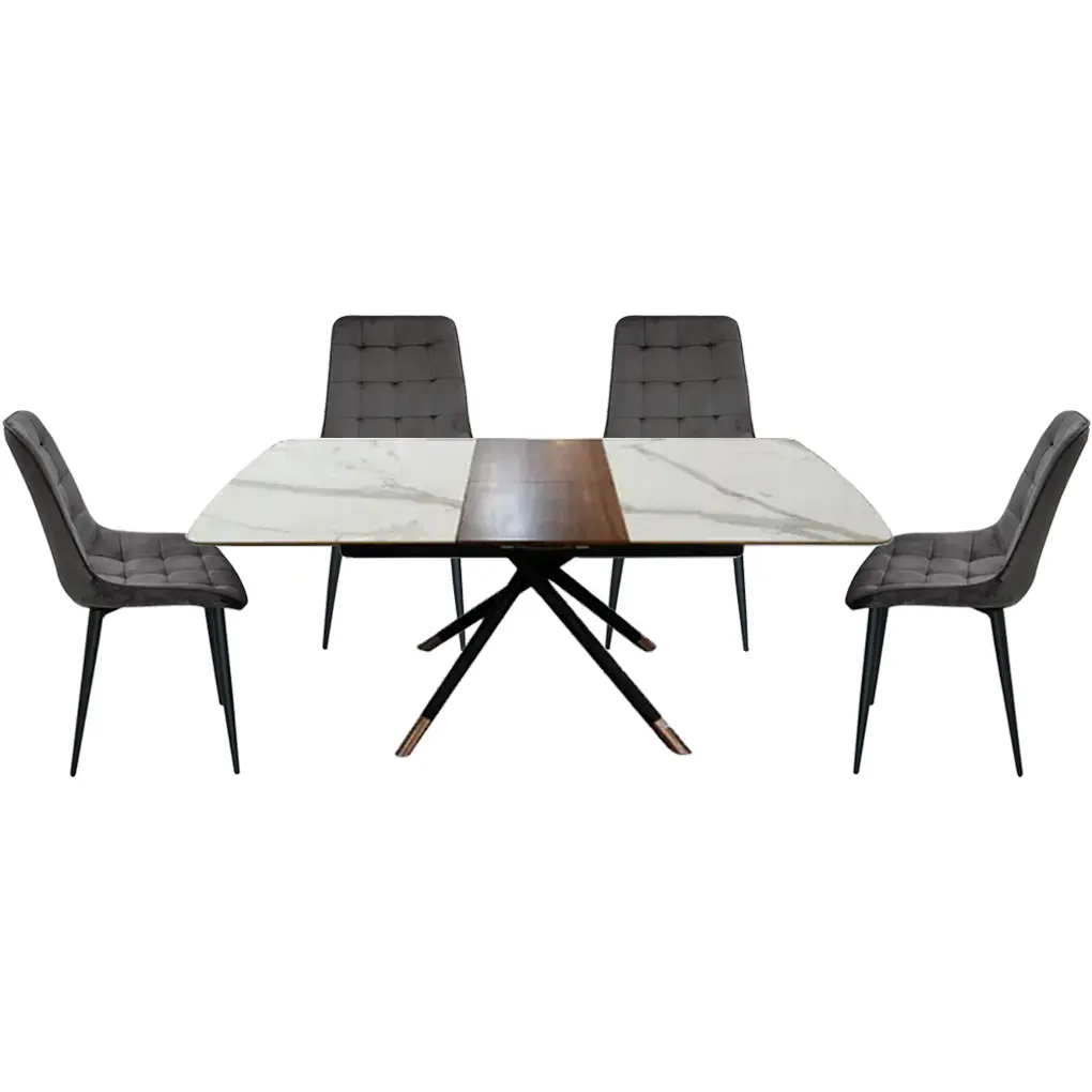 Bộ Bàn Ăn (Mở Rộng) Cẩm Thạch Grand T171039B-A 1.3M(1.7M) Trắng/Gỗ + 4 Ghế Ăn ECOMDC3 Xám