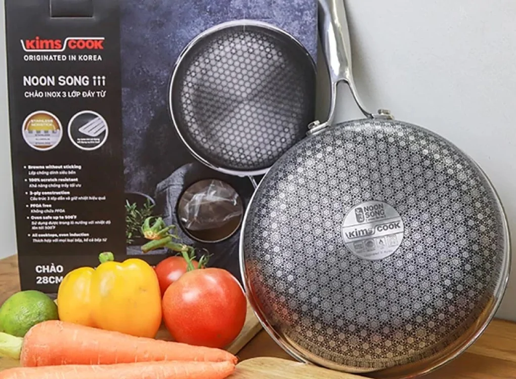 Chảo Sâu Noon Song Inox Đáy Từ Nắp Kính Chống Dính 2 Mặt Kims Cook 28cm 0