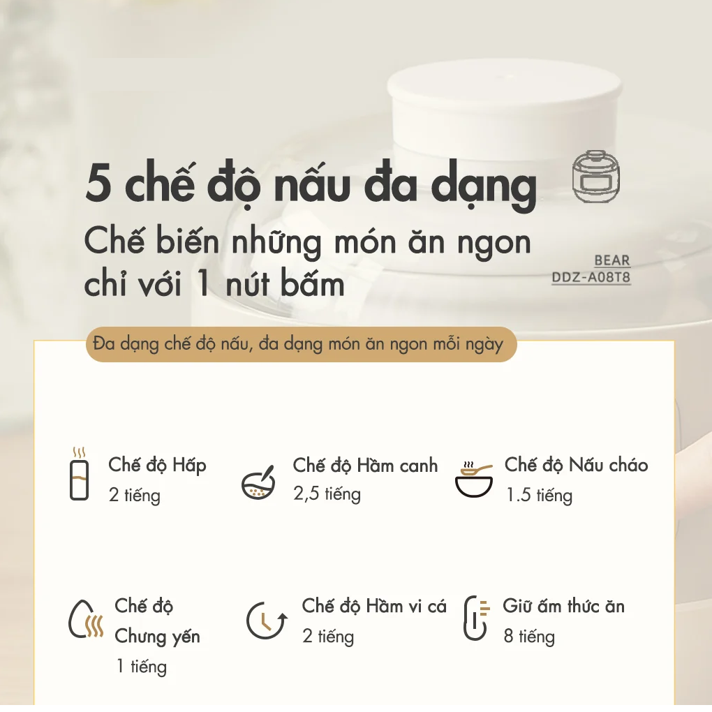 Nồi Nấu Chậm Đa Năng Bear DDZ-A08T8 (Nâu) - Hàng Quốc Tế - Bản Tiếng Anh 7