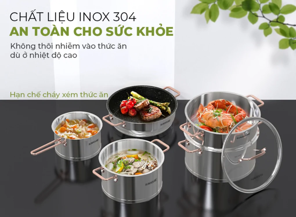 Bộ Nồi Chảo Inox Cao Cấp 5 Đáy Sunhouse SHG989 3