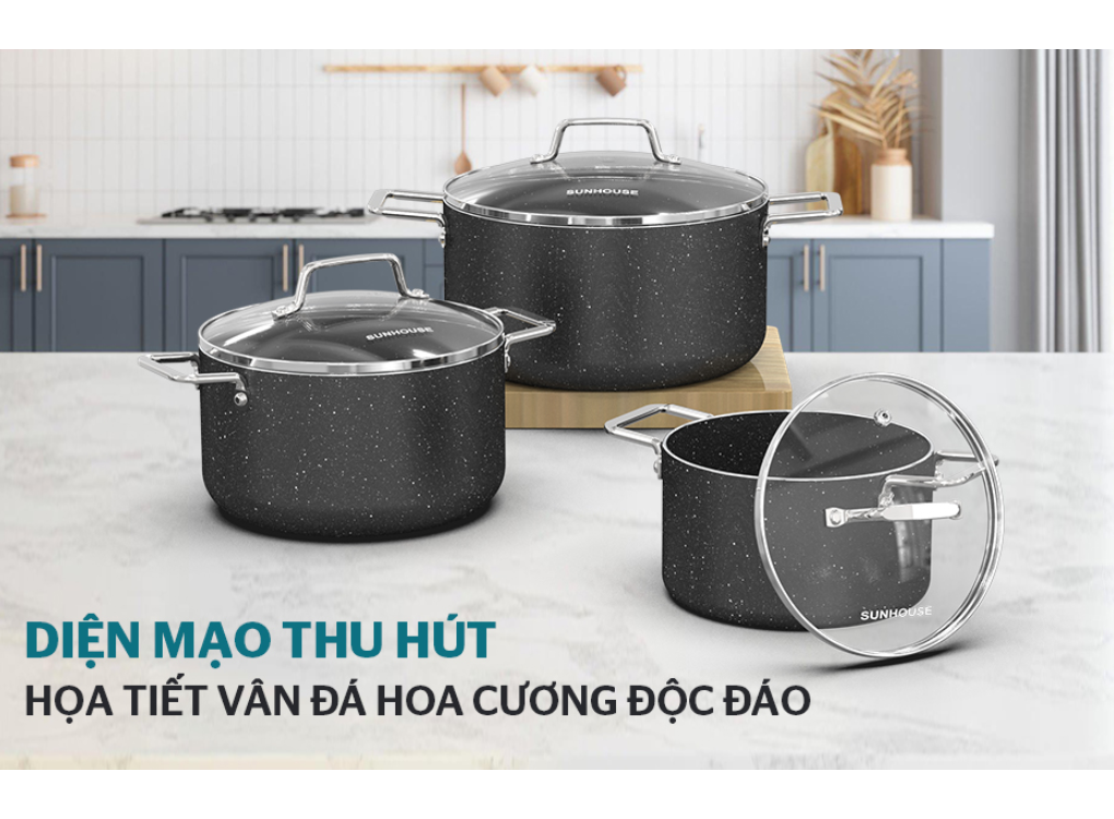 Bộ Nồi Siêu Bền Đá Đáy Từ Sunhouse SHG7878MB 1