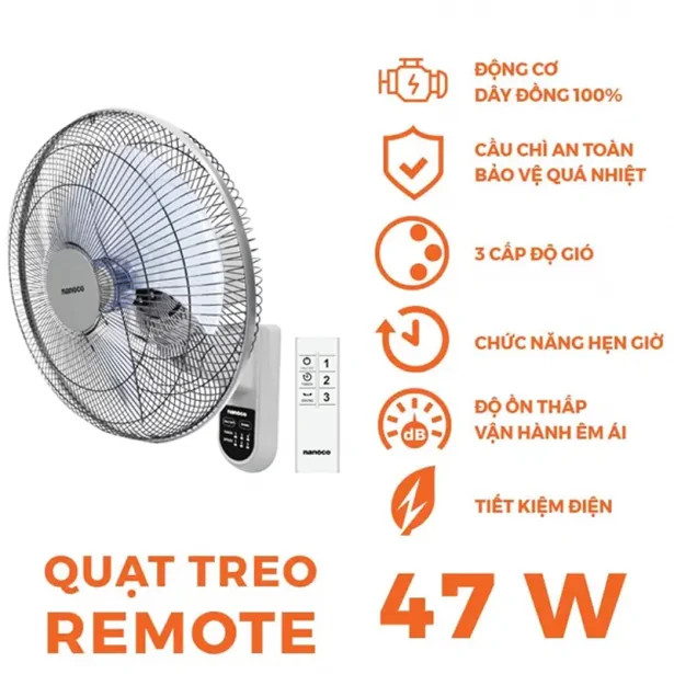 Quạt Treo Remote Nanoco NWF1612RC Màu Xám