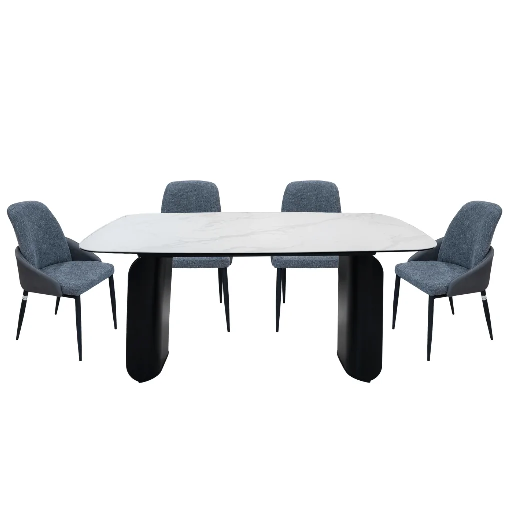 BỘ Bàn ăn Lino VA9998-L180 1.8M trắng + 4 Ghế ăn Amy VD6370 xám