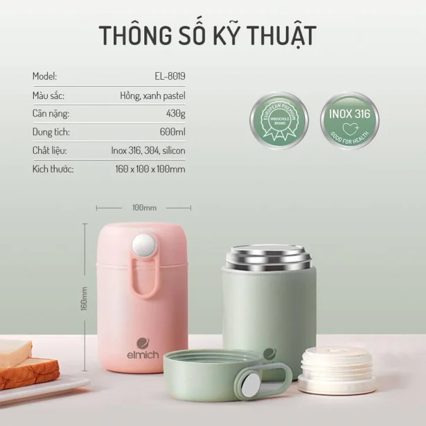 Bình Đựng Thức Ăn Giữ Nhiệt Inox 316 Elmich EL8019