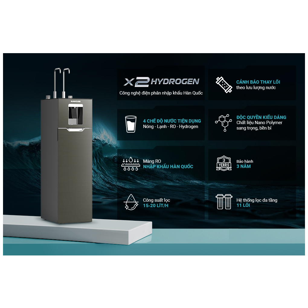 Máy Lọc Nước RO Nóng Nguội Lạnh Hydrogen Sunhouse UltraX SHA76668SH 11 Lõi 7