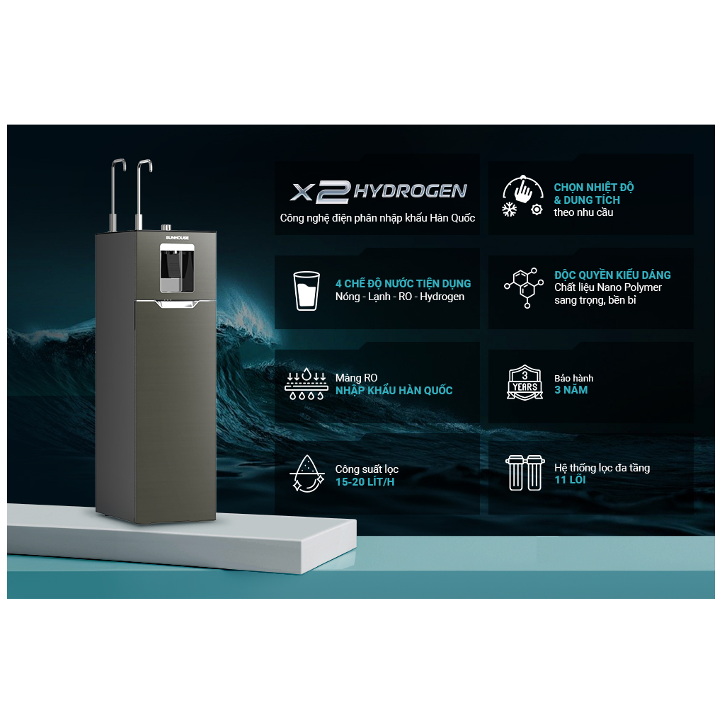 Máy Lọc Nước RO Nóng Nguội Lạnh Hydrogen Sunhouse 11 Lõi UltraX SHA76688SH 7