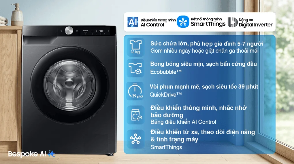 Máy Giặt Samsung AI EcoBubble Inverter 12 kg WW12CG604DLBSV