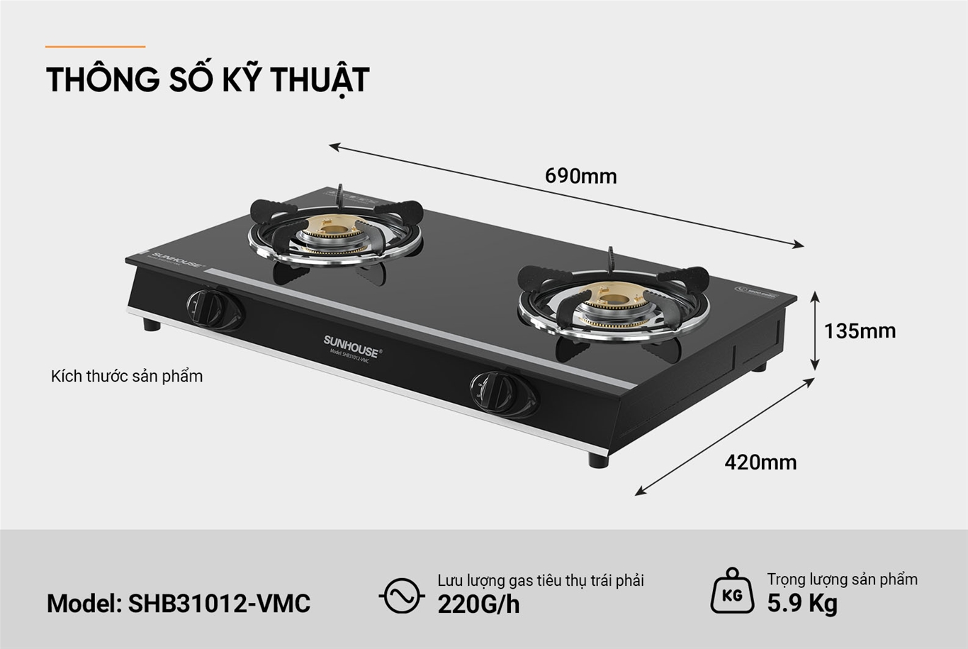 Bếp Gas Dương Kính Sunhouse SHB31012-VMC 4