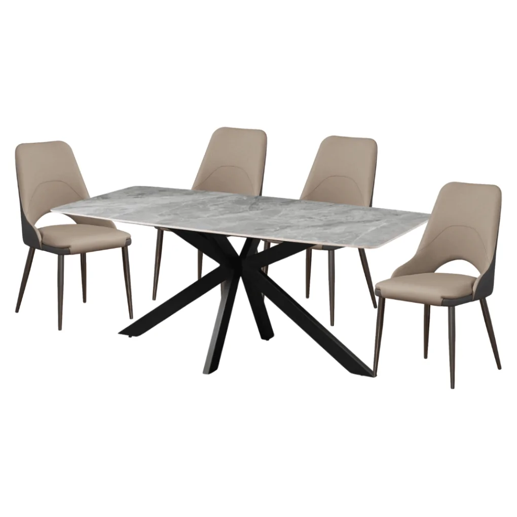 Bộ Bàn ăn TB1129 1.8M Trắng/đen (130002903) + 4 Ghế ăn CY5276 xám (130002901)