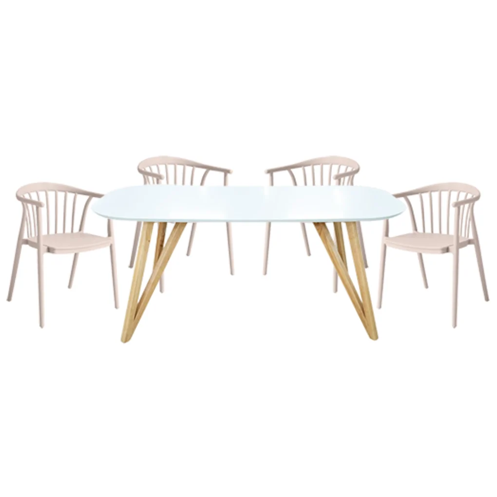 BỘ BÀN ĂN SPRING 1.8M NS9261 TRẮNG/SỒI (130000171) + 4 Ghế bành nhựa SL-7100 kem (130002889)