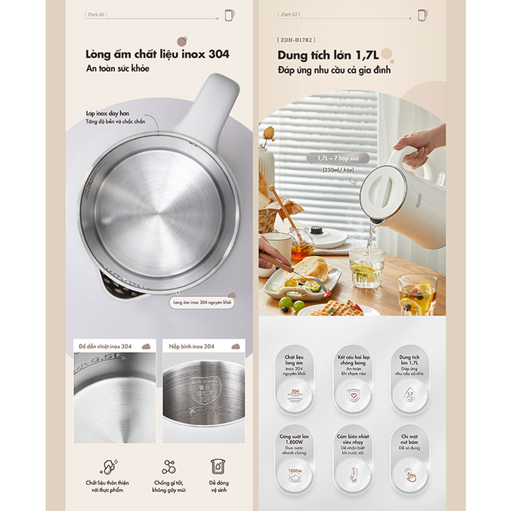 Bình Đun Nước Bear ZDH-D17K2 1.7 Lít 6