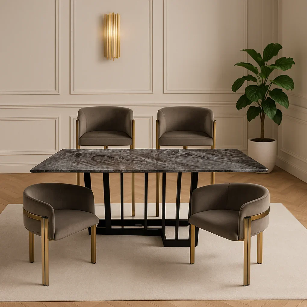 Bộ Bàn Ăn Cẩm Thạch Marseille DT-175 + 4 Ghế Ăn Esma DC-6367-2 Xám