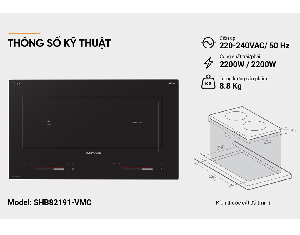 Bếp Đôi Điện Từ Hồng Ngoại Sunhouse SHB82191-VMC 4400W 11