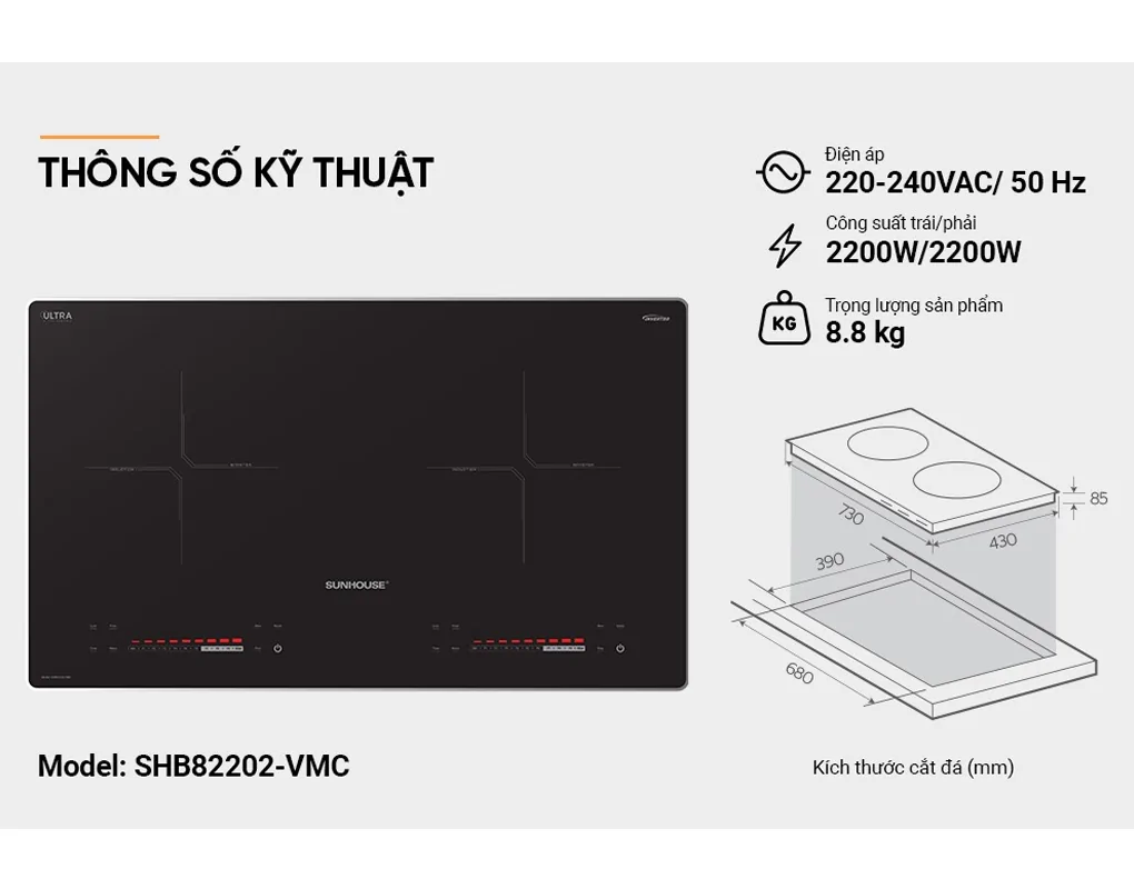 Bếp Đôi Điện Từ Sunhouse SHB82202-VMC 4400W 9