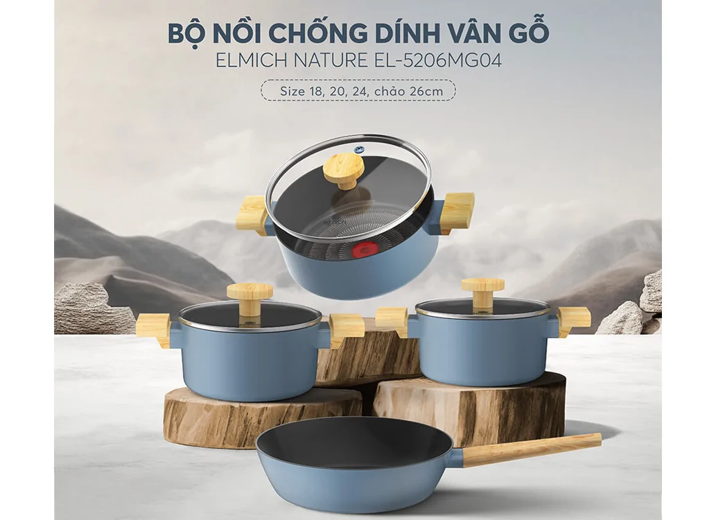 Bộ Nồi Chảo Chống Dính Vân Gỗ Elmich Nature EL-5206MG04 4