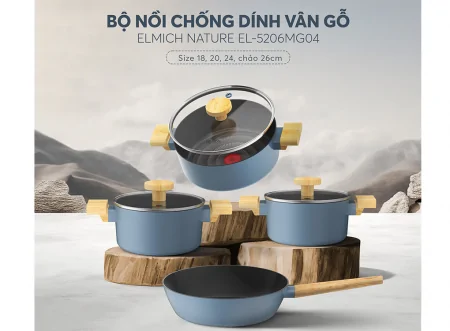 Bộ Nồi Chảo Chống Dính Vân Gỗ Elmich Nature EL-5206MG04 4