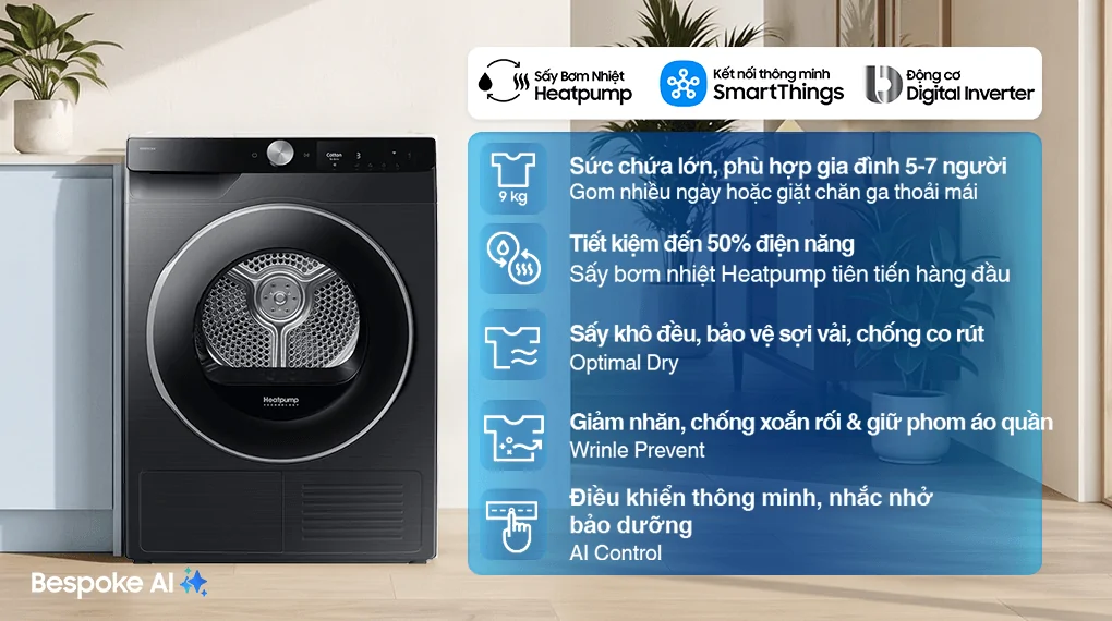 Máy Sấy Bơm Nhiệt Samsung 9 Kg DV90T6240LB/SV