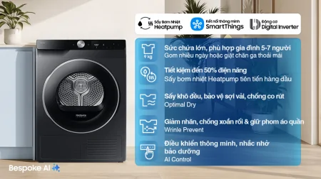 Máy Sấy Bơm Nhiệt Samsung 9 Kg DV90T6240LB/SV