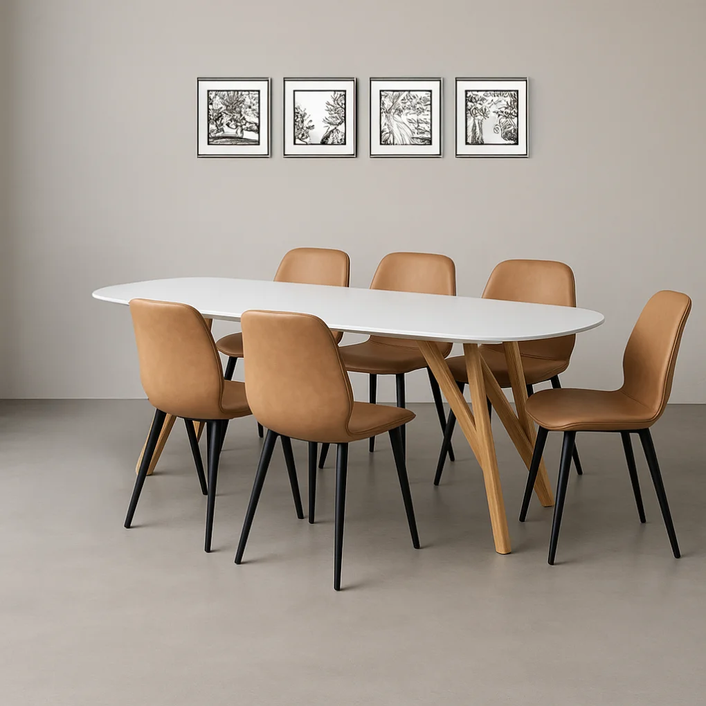 Bộ Bàn Ăn Spring NS9261 Trắng + 6 Ghế Ăn ECOMDC1 Nâu