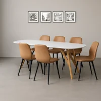 Bộ Bàn Ăn Spring NS9261 Trắng + 6 Ghế Ăn ECOMDC1 Nâu