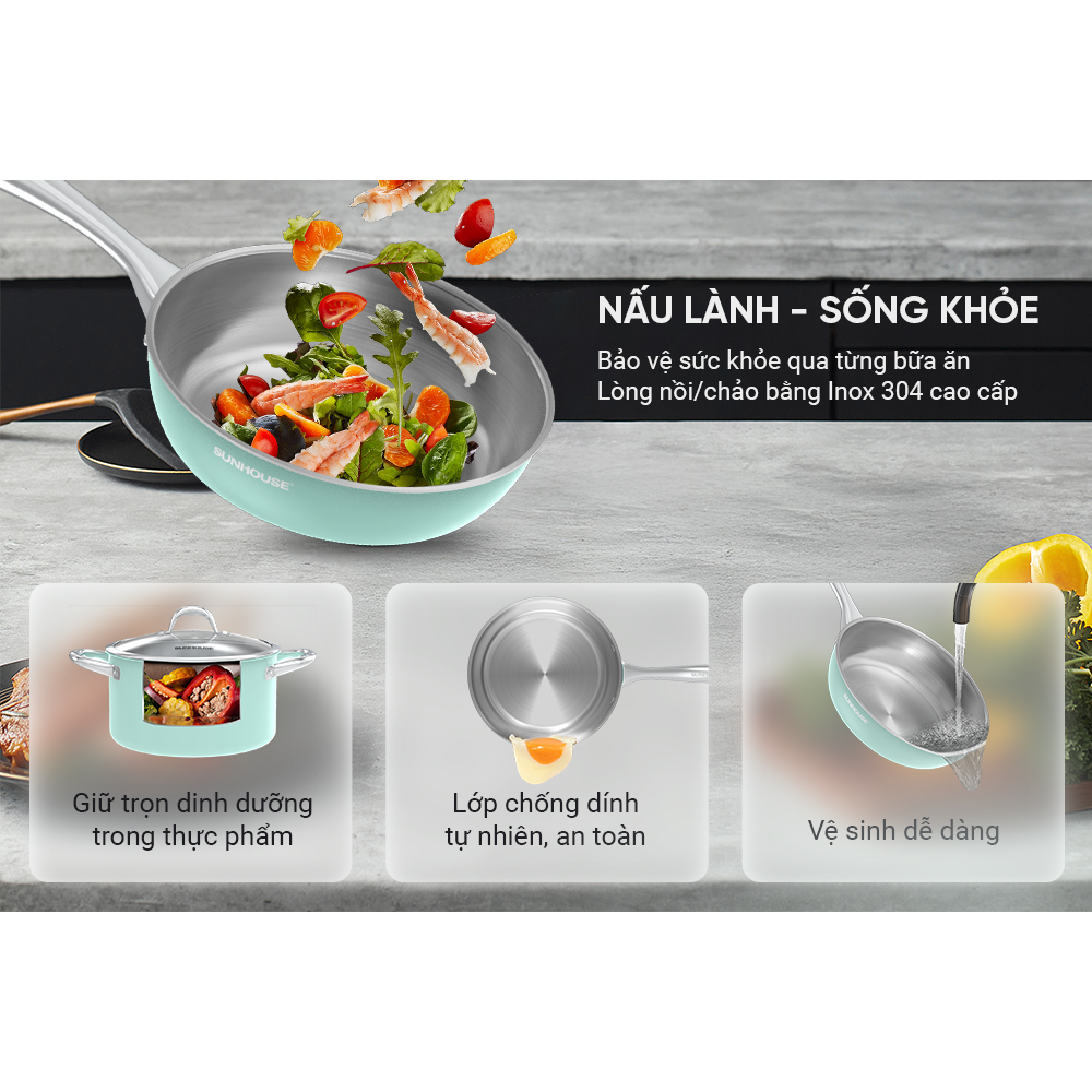 Bộ Nồi Chảo Inox 304 Đáy Liền Sunhouse Mama SHG809 12